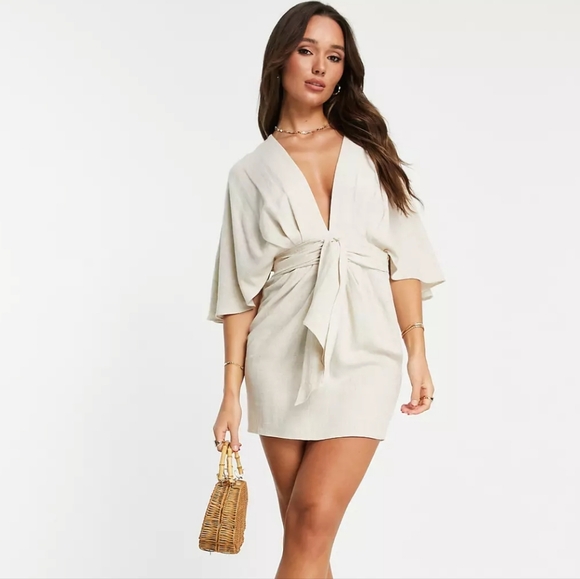ASOS Batwing Linen Mini Dress in Neutral - Picture 2 of 4